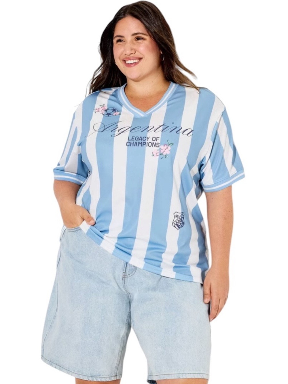 Argentina Striped V-Neck Tee - Light Blue & White